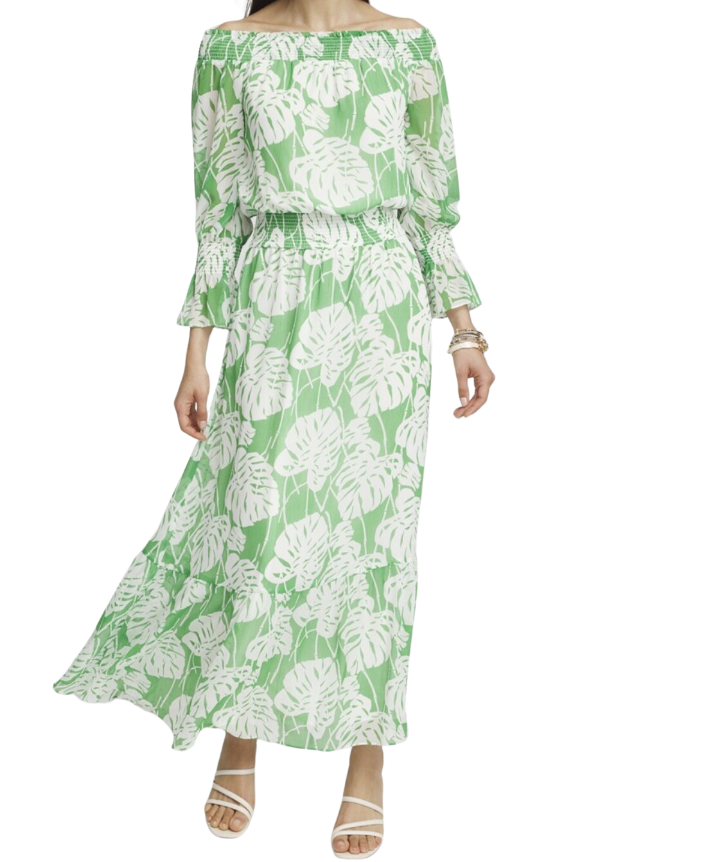 Chiffon Palms Smocked Shoulder Dress